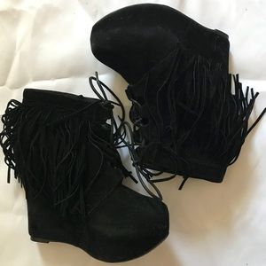 Black Fringe Wedge Boots